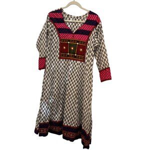 Ethnic Indian Wear red black Block Print cotton Embroidered kurti caftan dress L